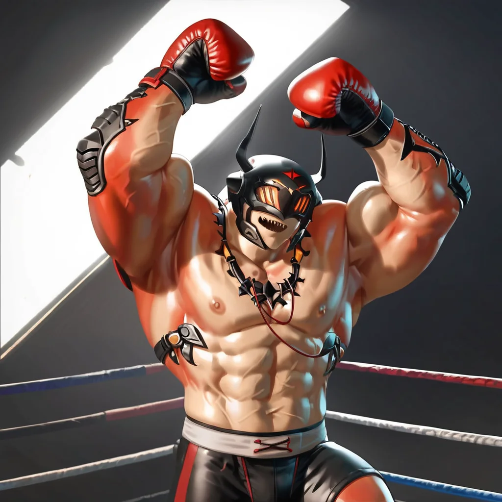 anime artwork score_9, score_8_up, score_7_up, best quality, high quality, highly detailed, cel shading, source_cartoon, <lora:Smooth Style LoRA XL:0.6> drakahlcru,in a boxing ring, wearing boxing gloves, sharp teeth, metallic helmet, orange eyes, muscular humanoid, dark red fleshy skin, <lora:Drakahl_Crucible:0.8>