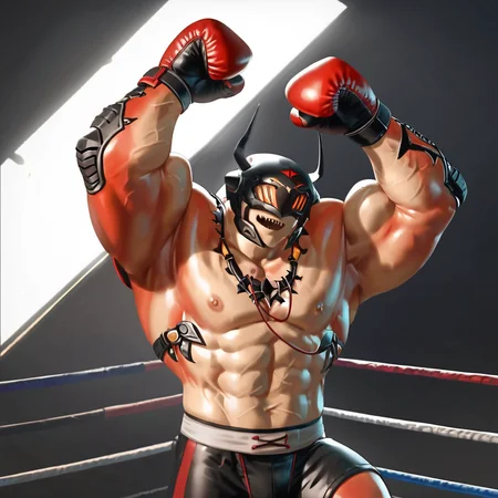 anime artwork score_9, score_8_up, score_7_up, best quality, high quality, highly detailed, cel shading, source_cartoon, <lora:Smooth Style LoRA XL:0.6> drakahlcru,in a boxing ring, wearing boxing gloves, sharp teeth, metallic helmet, orange eyes, muscular humanoid, dark red fleshy skin, <lora:Drakahl_Crucible:0.8>
