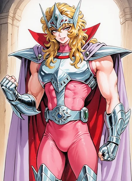 masterpiece, best quality, amazing quality, cyb88, traditional media, SS_MIS, 1boy, male focus, toned male, muscular, blue eyes, tsurime, light pink lipstick, thin lips, blonde hair, wavy hair, long hair, circlet, (white-violet cape, inner red cape, high collar), silver pauldrons, silver breastplate, silver fingerless gauntlets, sleeveless pink bodysuit, belt, belt buckle, silver greaves, grin, hand up, clenched fist, aged up