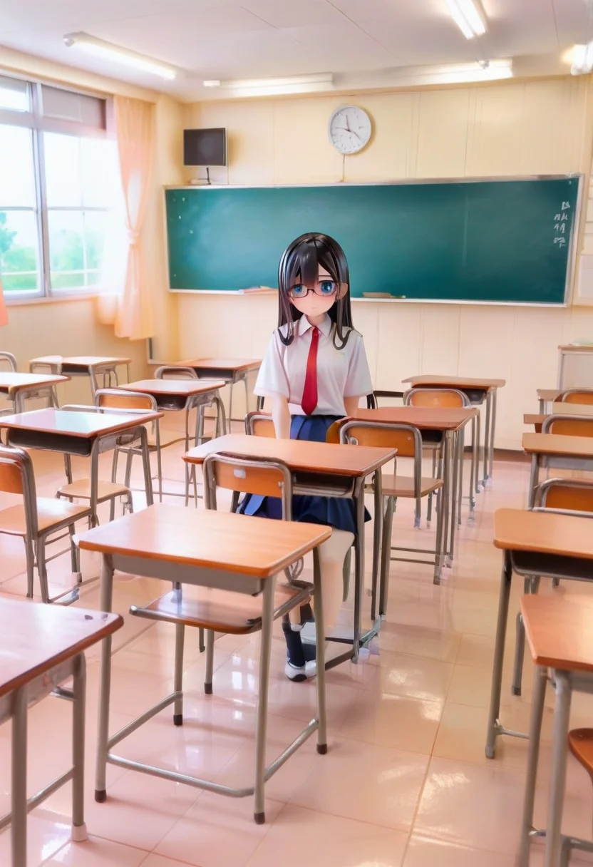 score_9, score_8_up, score_7_up, rating_safe, masterpiece, best quality, absurdres, unity 8k wallpaper, official art, official style, source_anime, uncensored, game cg, megami magazine,
1girl, solo, glasses, black hair, long hair, blue eyes, collared shirt, red necktie, pleated skirt, blue skirt, looking at viewer, blush, embarrassed,
kyoshitsu, classroom, chalkboard, indoors, scenery, school, school desk, school chair, ceiling, window, ceiling light, tiles, sunlight, tile floor, speaker,
<lora:gakkou_kyoshitsu_PONY_V1:1>
