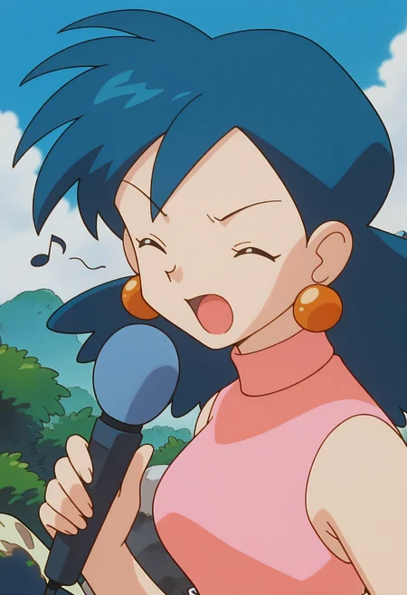 masterpiece,best quality,good quality, <lora:PMRep089:1>, PMRep089, 1girl, solo, earrings, blue hair, flipped hair, breasts,
pink sleeveless turtleneck, orange belt, beige high-waist pants, wide-leg pants,
looking at viewer, open mouth, holding microphone, portrait, bad singing, v-shaped eyebrows, closed eyes, musical note, from side, 
BREAK nature, day, rock, light rays, blue sky, cloud,
