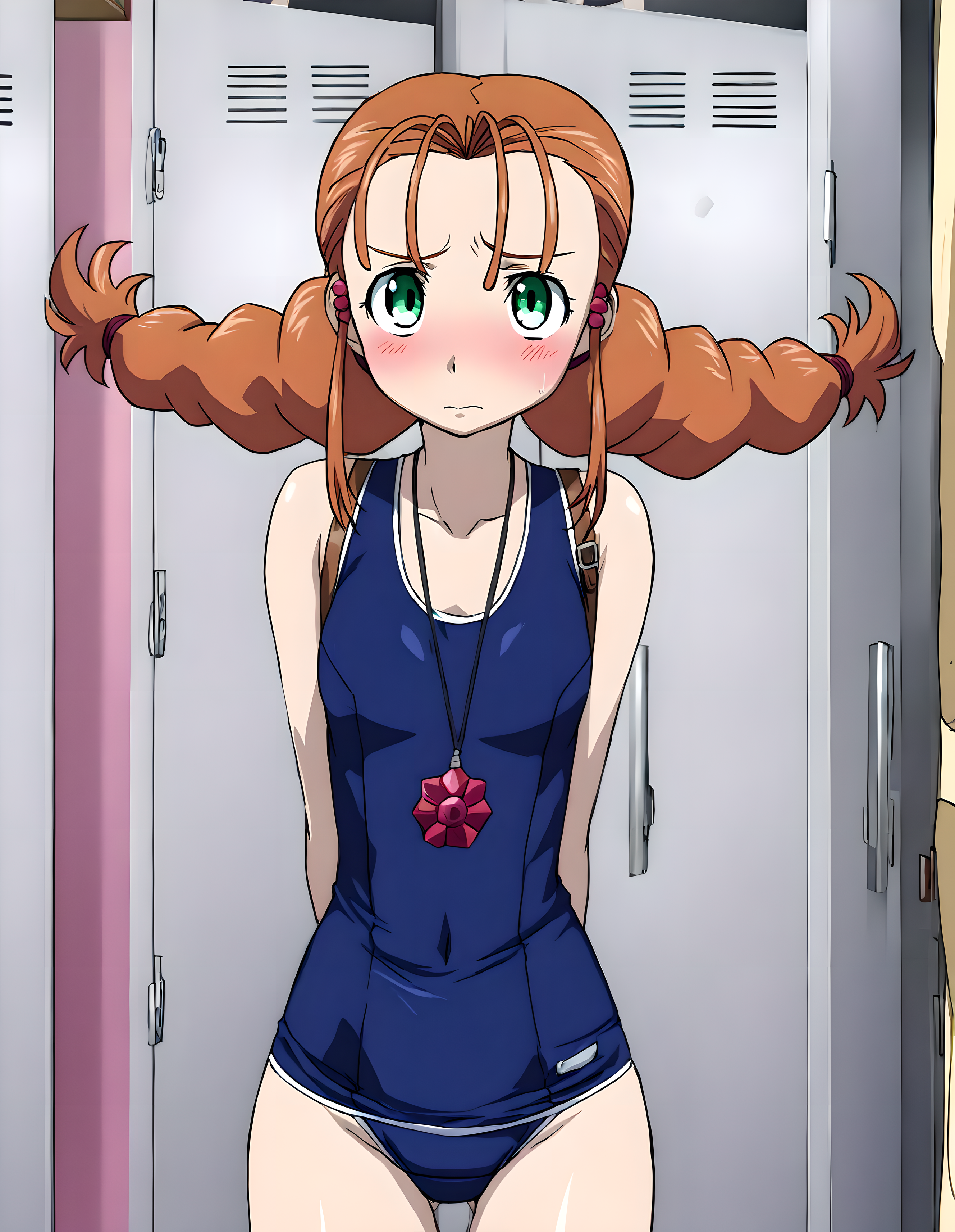 <lora:illustrious_XL_wendy:0.9>,wendy,masterpiece,best quality,good quality,1girl,solo,blue one-piece swimsuit,school swimsuit,necklace,indoors,locker room,door,standing,arms behind back,looking_at_viewer,cowboy_shot,embarrass,furrowed_brow,light_blush,