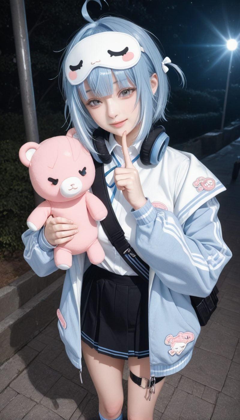 <lora:LCMTurboMix_Euler_A_fix:1> <lora:example_SDXL:0.3>, EZRealPONYXL, <lora:Dramatic Lighting Slider:3> <lora:realistic filter [IL]:1>
DSLR,realistic,cosplay photo, (very awa,masterpiece,best quality,year 2024,newest,absurdres,highres:1), realistic,skin texture,facial features, photography shot with Canon EOS 5D Mark IV , realistic, RAW, best quality, masterpiece, amazing quality, skin details,
1girl, highly detailed beautiful face, large natural breasts,
detailed background, shiny skin, dutch angle, night, moonlight,
beautiful detailed eyes, intricate details, absurdres, anime screencap,
<lora:Yanagi_Nemu_VTuber_ILXL_kill0825:1>
VTNemu, short hair, blue eyes, grey eyes, hair between eyes, blue hair, jacket, ahoge, sidelocks, blunt bangs,
shirt, skirt, long sleeves, ribbon, jacket, white shirt, pleated skirt, open clothes, shoes, collared shirt, socks, puffy sleeves, belt, black skirt, miniskirt, off shoulder, bag, open jacket, sleeves past wrists, kneehighs, thigh strap, neck ribbon, mask, headphones, white jacket, white socks, white footwear, stuffed toy, blue jacket, stuffed animal, blue ribbon, sneakers, bandaid, asymmetrical legwear, shoulder bag, light blue hair,  mask on head, uneven legwear, mismatched legwear, headphones around neck, bandaid on leg, multicolored jacket, single sock, blue socks, bandaid on knee, eye mask, thigh belt, sleep mask, hair ornament, x hair ornament, holding stuffed toy,
dynamic pose, seductive smile, standing, looking at viewer, shushing, selfie,