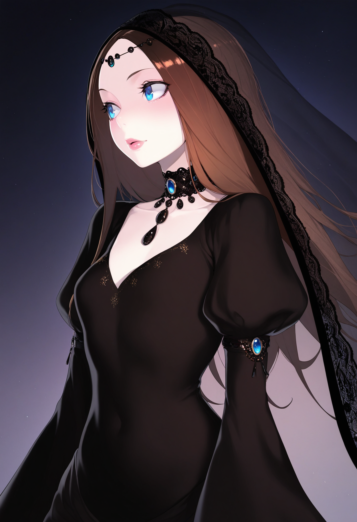 masterpiece,best quality,amazing quality,
1girl, solo, long hair, blue eyes, brown hair, lips, upper body, puffy sleeves, jewelry, veil, looking to the side, choker, wide sleeves,
 <lora:Solopipb:1>