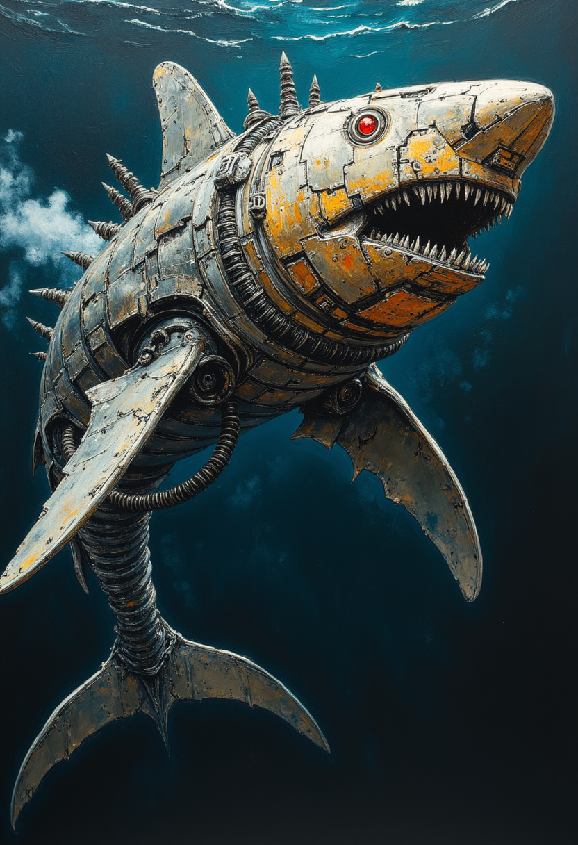 thepaintedrealm. An oil painting of a colossal mechanical shark, forged from rusted steel and jagged plating, cutting through the abyss like a war machine. Its body is layered in thick, overlapping armor, each panel scarred from battles long forgotten. Massive vents along its sides spew bursts of superheated steam, and its segmented tail moves with an unnatural precision, slicing through the water like a serrated blade.
Its head is a fortress of death, with exposed gears grinding beneath plated jaws lined with rotating saw-like teeth. A single, burning crimson eye scans the darkness, locking onto its prey. Along its spine, twisted mechanical appendages extendâsome tipped with harpoons, others ending in pulsating, barbed cables.