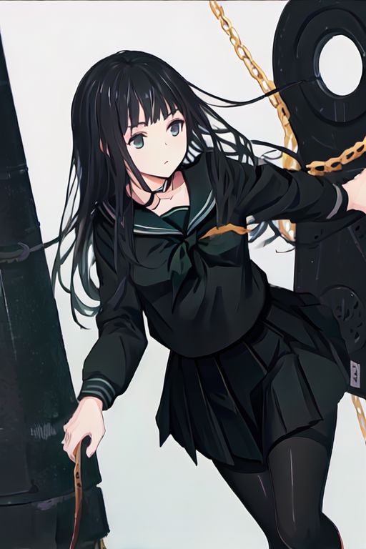 Rinne byuakuya, long hair, black hair, black eyes, small breasts, black serafuku, green necktie, black skirt, pantyhose
