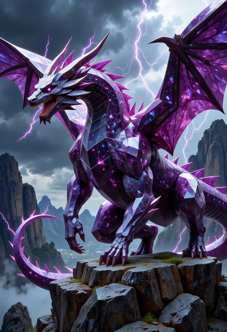 FluxEpicDragon, a crystalline dragon made of cut amethyst and black diamond gemstones with subsurface scattering and light transmission, spreading its wings as subtle purple electricity arcs from the tips, monstrous and colossal crawling down a mountains edge, jagged and sharp gemstone horns and spikes, dynamic and beastly pose, foggy night