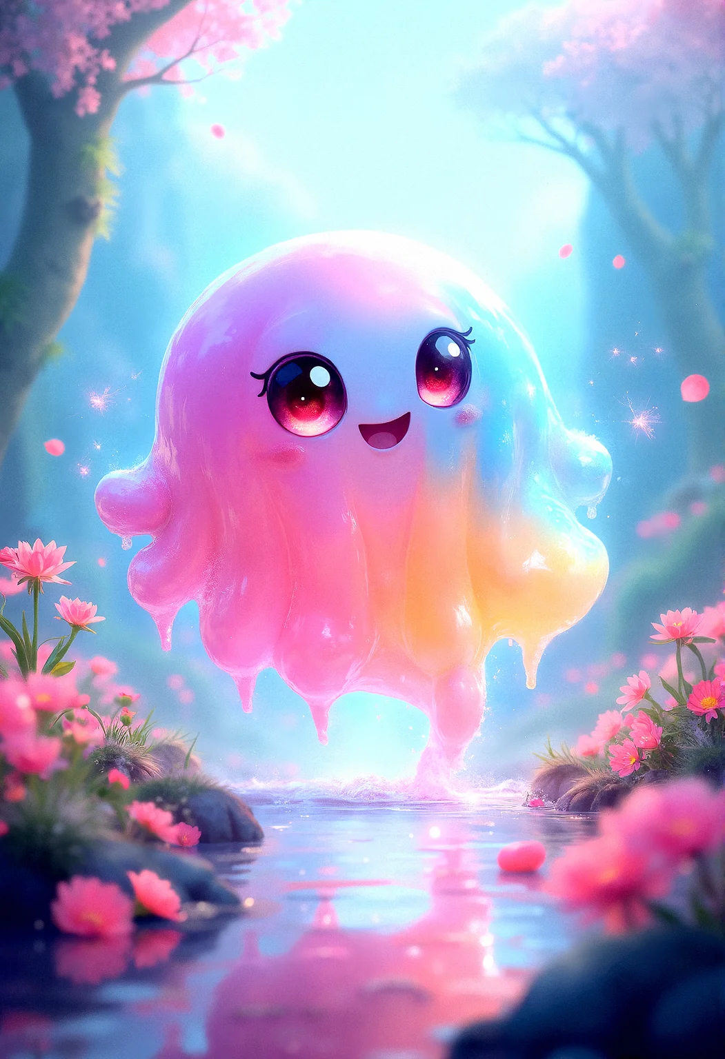 A stunning digital artwork featuring a gradient-colored, see-through slime creature floating in mid-air. The slime has large, expressive anime-like eyes that sparkle with curiosity and wonder, but no mouth, giving it a mysterious yet endearing appearance with cheerful expression. Its body is a mesmerizing blend of vibrant colors, seamlessly transitioning from one hue to another, creating a beautiful, fluid gradient effect. The slime’s glossy surface reflects the surrounding environment in high-definition, with intricate details that highlight the transparency and depth of its form. The background is an enchanting isekai world, filled with lush nature and mystical elements, all captured with a perfect depth of field that blurs the distant scenery while keeping the slime sharply in focus. A soft, sparkling aura surrounds the creature, adding to its magical presence. The composition is dynamic, with the slime gently hovering above a vibrant landscape, illuminated by perfect lighting that enhances its vivid reflections. The entire scene is rendered in 8k resolution, ensuring every detail is crisp and clear, from the intricate textures of the slime’s surface to the delicate highlights that dance across its glossy body.