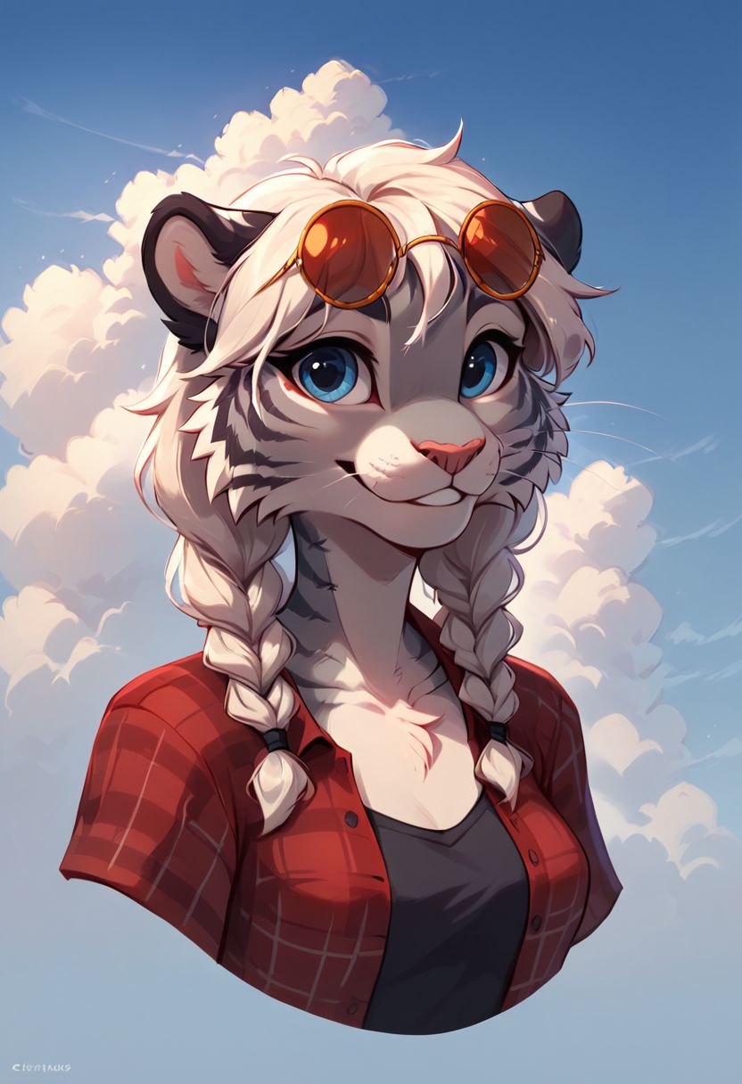 score_9, score_8_up, Gray tiger, female, Gray Fur black stripes ((body fur)), blue eyes, medium breast, two thick braids in front, one large long thick braid in back, white hair, wearing round shades with red lenses, red flannel shirt with black t shirt, Happy look on face, incisors showing, whiskers, solo, headshot portrait,  sky and clouds as background, flat color, 8k resolution, digital painting,