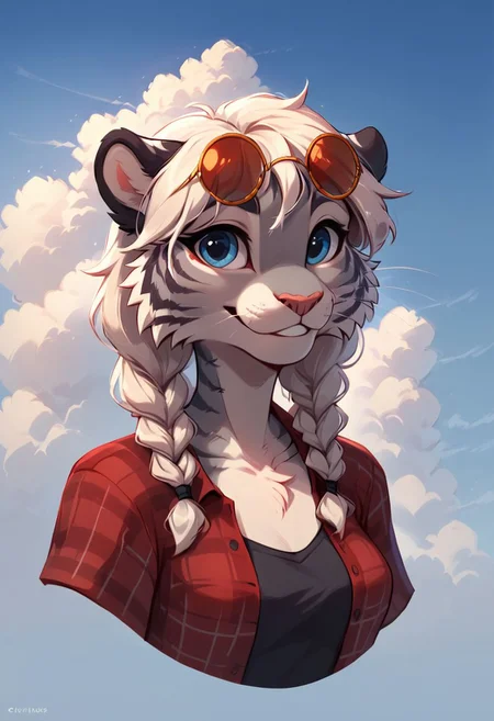 score_9, score_8_up, Gray tiger, female, Gray Fur black stripes ((body fur)), blue eyes, medium breast, two thick braids in front, one large long thick braid in back, white hair, wearing round shades with red lenses, red flannel shirt with black t shirt, Happy look on face, incisors showing, whiskers, solo, headshot portrait,  sky and clouds as background, flat color, 8k resolution, digital painting,