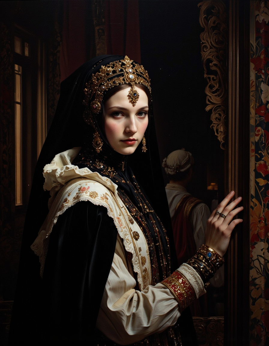Ancient russia royal costume, a realistic photo of a beautiful girl, side soft light, Dark environment, black over black, highly detailed,  masterful painting in the style of Anders Zorn and Aleksi Briclot, nipples.