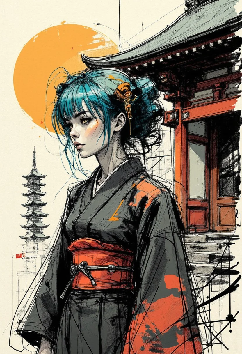 nvinkpunk, colored sketch in the style of ck-ccd, Japanese Shrine maiden, ong blue hair, bangs, sidelocks, hair ornament, black and red yukata, sitting in front of a shinto shrine