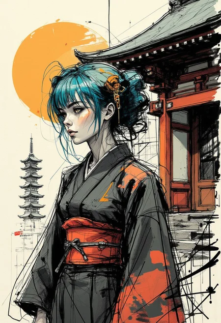 nvinkpunk, colored sketch in the style of ck-ccd, Japanese Shrine maiden, ong blue hair, bangs, sidelocks, hair ornament, black and red yukata, sitting in front of a shinto shrine