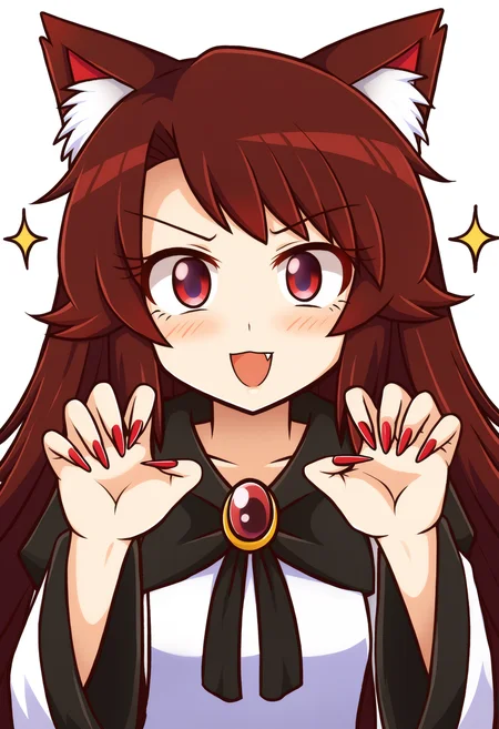 score_9, uncensored, source_anime
BREAK
imaizumi kagerou, 1girl, solo, long hair, looking at viewer, blush, smile, open mouth, simple background, brown hair, long sleeves, white background, red eyes, dress, animal ears, jewelry, upper body, :d, fang, wide sleeves, nail polish, fingernails, v-shaped eyebrows, sparkle, wolf ears, brooch, red nails, long fingernails, paw pose
<lora:awoo_pony_v1:1>