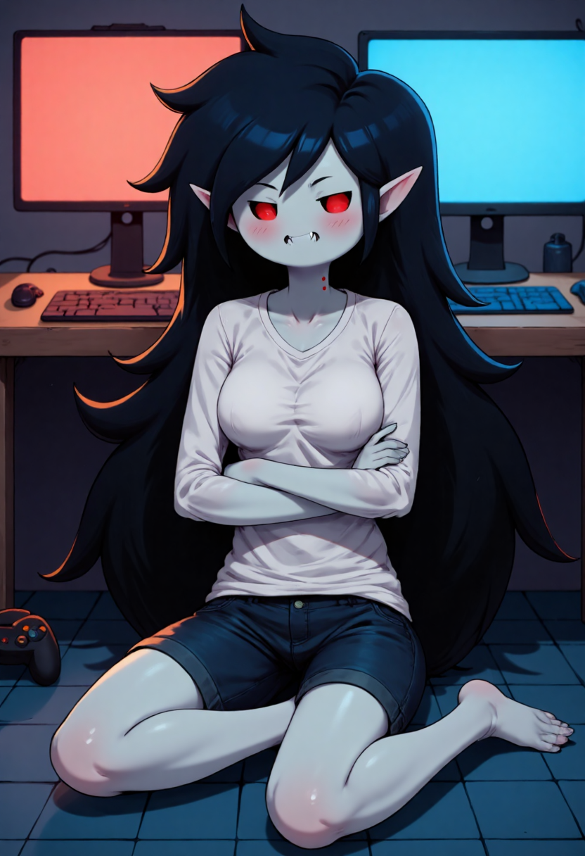 a digital illustration in a 3d anime style, featuring Marceline Abadeer, her eyes are a vivid red, giving her an otherworldly appearance, her expression happy with a mischievous glint in her eyes, the background shows a dimly lit room with a computer monitor on a desk to her left, and a black gaming controller to her right, the floor is covered with a blue, grid-like pattern, suggesting a gaming environment, the lighting is soft and directional, casting a warm glow over the scene<lora:CustomFlux/Marceline_Abadeer.safetensors:1.0:1.0>