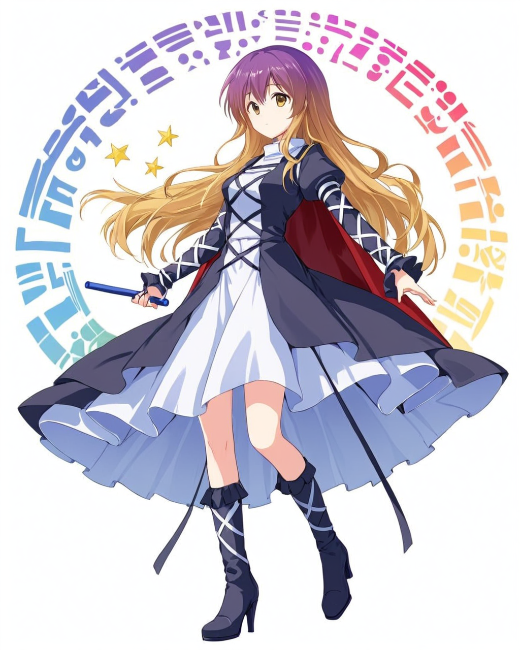 hijiri byakuren,1girl, solo, white_background, simple_background, black_footwear, sorcerer's_sutra_scroll, full_body, boots, cape, juliet_sleeves, cross-laced_clothes, standing, high_heels, layered_dress, white_dress, holding
<lora:hijiri_byakuren_image2907_2023-12-20:1>,star-shaped_pupils,symbol-shaped_pupils,. gorgeous,key visual, vibrant, studio anime,award-winning, professional, highly detailed,high budget, cinemascope