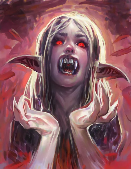 girl,EyesHD,vampire,elf ears,sharp fangs,red eyes,<lora:Painterly_Sketch_Art:1>,pskas4b style,cute face,<lora:hand 4>,Hand,detailed,perfect,perfection,hands,normal teeth,