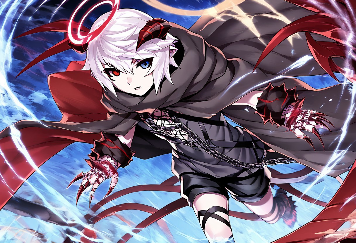 Score_9, Score_8_up, Score_7_up, Score_6_up, Score_5_up, Source_anime, rating_safe, 1boy, Vandelieu, emotionless face, white hair, heterochromia, red and blue eyes, black shirt, black shorts, black trenchcoat, walking, looking at viewer, {{{claw, sharp nails, very long fingernails:2}}}, seraph wings, red crown halo, demon horns, ram horns, dark kingdom, dutch angle