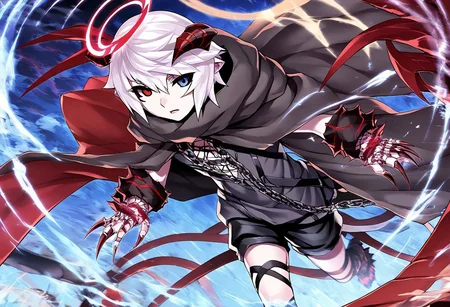 Score_9, Score_8_up, Score_7_up, Score_6_up, Score_5_up, Source_anime, rating_safe, 1boy, Vandelieu, emotionless face, white hair, heterochromia, red and blue eyes, black shirt, black shorts, black trenchcoat, walking, looking at viewer, {{{claw, sharp nails, very long fingernails:2}}}, seraph wings, red crown halo, demon horns, ram horns, dark kingdom, dutch angle