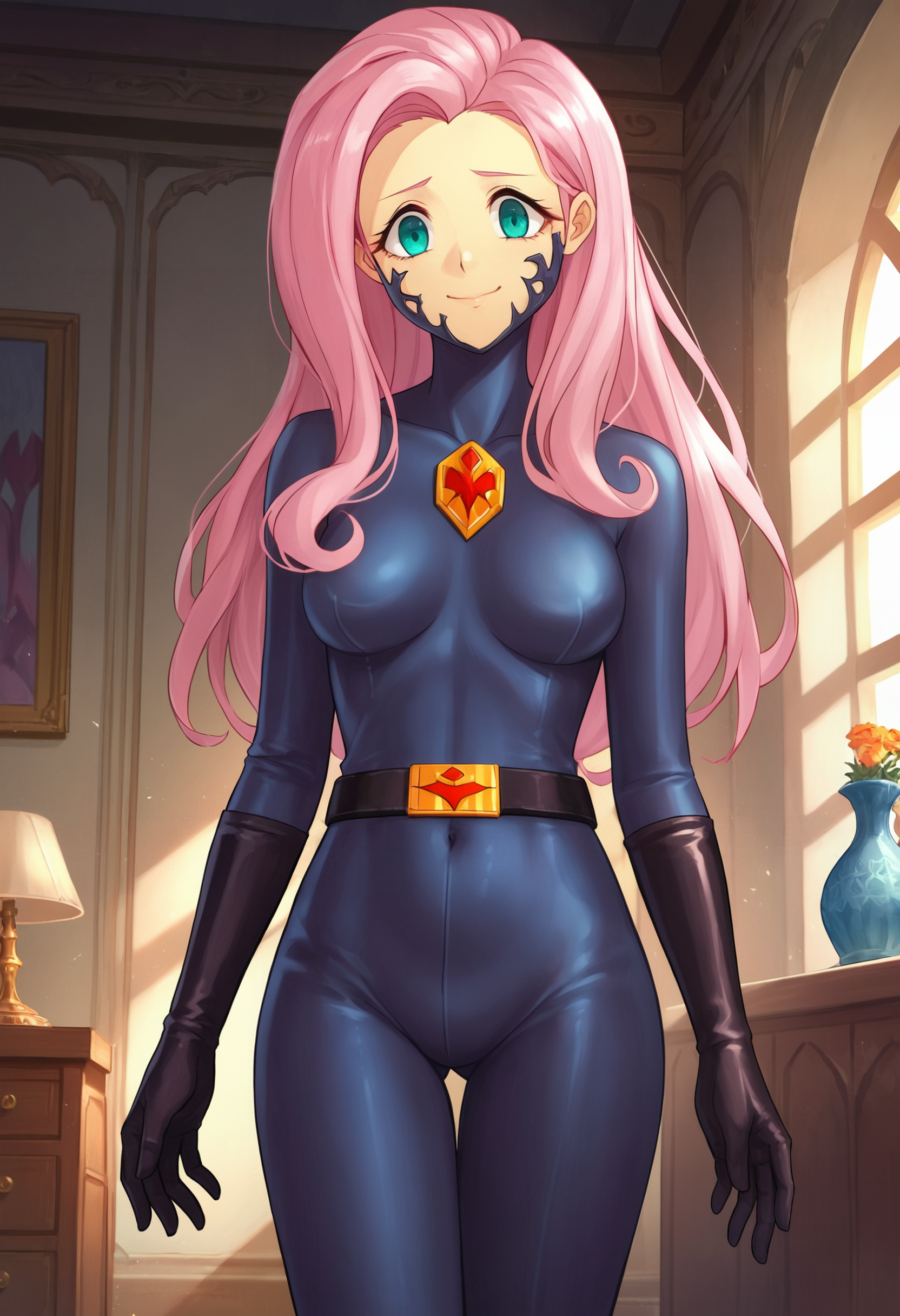 zPDXL, source_anime,
human fluttershy,
evil smile, closed mouth,
zofa bodysuit, zofa belt, black gloves, zofa on face, chest jewel, 
standing, cowboy shot,  solo,
indoors,
<lora:zofa-pdxl-006:0.6>