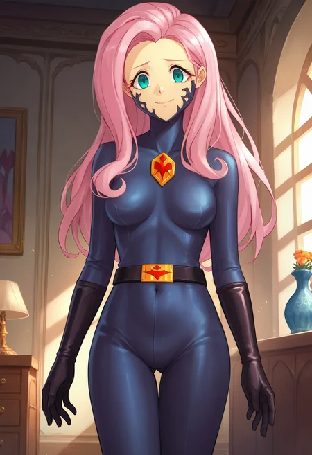 zPDXL, source_anime,
human fluttershy,
evil smile, closed mouth,
zofa bodysuit, zofa belt, black gloves, zofa on face, chest jewel,
standing, cowboy shot, solo,
indoors,
<lora:zofa-pdxl-006:0.6>