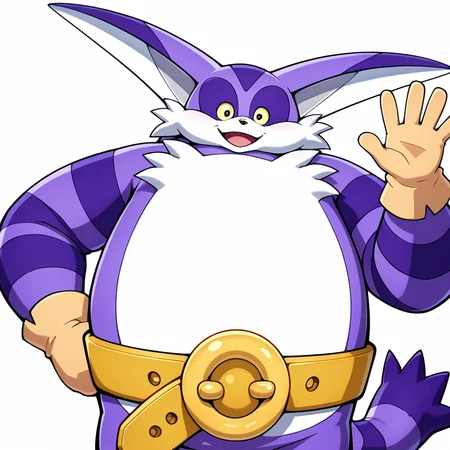 <lora:Big_the_cat_Sonic_Adventure_-_Illustrious:1> Big the cat, medium shot, 1boy, belt, gloves, looking at viewer, medium shot, open smile, waving, hand on own hip, white background, masterpiece, masterwork