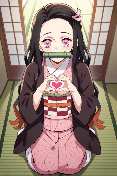 score_9, score_8_up, score_7_up, score_6_up, score_5_up,score_4_up BREAK source_anime,official style, kamado nezuko,1girl,solo,magenta pupils,black hair,two-tone hair,long hair,black haori,pink kimono, checkered obi, pink hair ribbon,long sleeves, heart hands, looking at viewer,seiza, pink nails, asa no ha \(pattern\),indoors, wooden wall, sliding doors,pov,(from above:0.7),kneeling, tatami, natural light,plant,bamboo bit gag, looking up <lora:NezukoPony_v2:1>