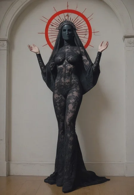 ((score_9, score_8_up, score_7_up)), (((character design, sci-fi warrior women, feminine power, perfect anatomy))),
An enigmatic figure of a (satanic)nun(caucasian), her (dark habit_catsuit covers all her skin), conducting a sensual satanic ritual inside a dark cathedral during night under a red eclipse. Her (eyeless)mask, elaborate crown, (fully)conceals her identity, adding to her mystique and allure. gold stiletto platform thigh boots, big breasts, underboobs, tiny waist, flat abs, naughty, looking at viewer, seducing with her body, dancing towards viewer with her arms posing, sexy ass seductive wide hips, butt cheeks, twerk, huge perky breasts, in the style of a vintage, high-contrast setting. Emphasize theatrical elements with extreme opposition of bright colors against dark, moody backgrounds, under a dark red sky
,big butt, booty, bubble butt, black tape <lora:add-detail-xl:2>