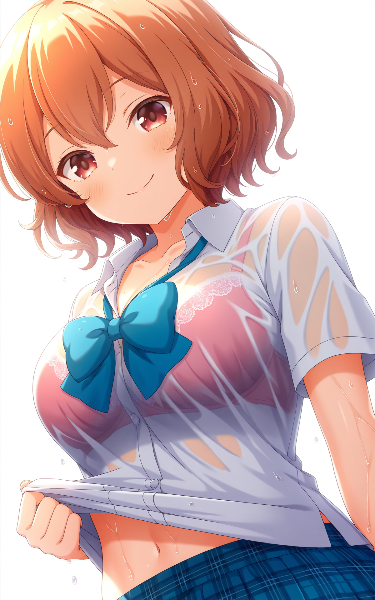 masterpiece, best quality, good quality, newest,4k, perfect lighting, cinematic, very aesthetic, official art, anime screencap, anime coloring,(((white background, simple background))),
1girl,solo,michiru,brown hair,orange hair,short hair,hair between eyes,hair down,red eyes,brown eyes,wet,
seio school uniform,white shirt,collared shirt,short sleeves,collarbone,blue bowtie,blue skirt,plaid skirt,frilled skirt,miniskirt,bra visible through clothes,upper body,
seductive smile,looking at viewer,shirt pull,from below,midriff peek,,BREAK
<lora:ILmichiru:1>