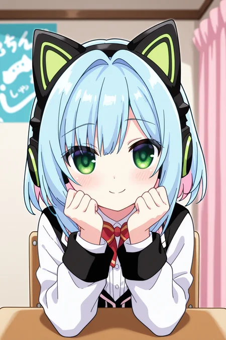 <lora:HamidashiCreative:1>, HamidashiCreative, 1girl, animal ears, fake animal ears, blue hair, smile, solo, looking at viewer, animal ear headphones, headphones, bow, indoors, blush, chair, short hair, shirt, curtains, green eyes, cat ear headphones, bowtie, white shirt, red bow, hair intakes, school uniform, blurry background, clenched hands, long sleeves, hands up, sitting, closed mouth, poster \(object\), cat ears, red bowtie