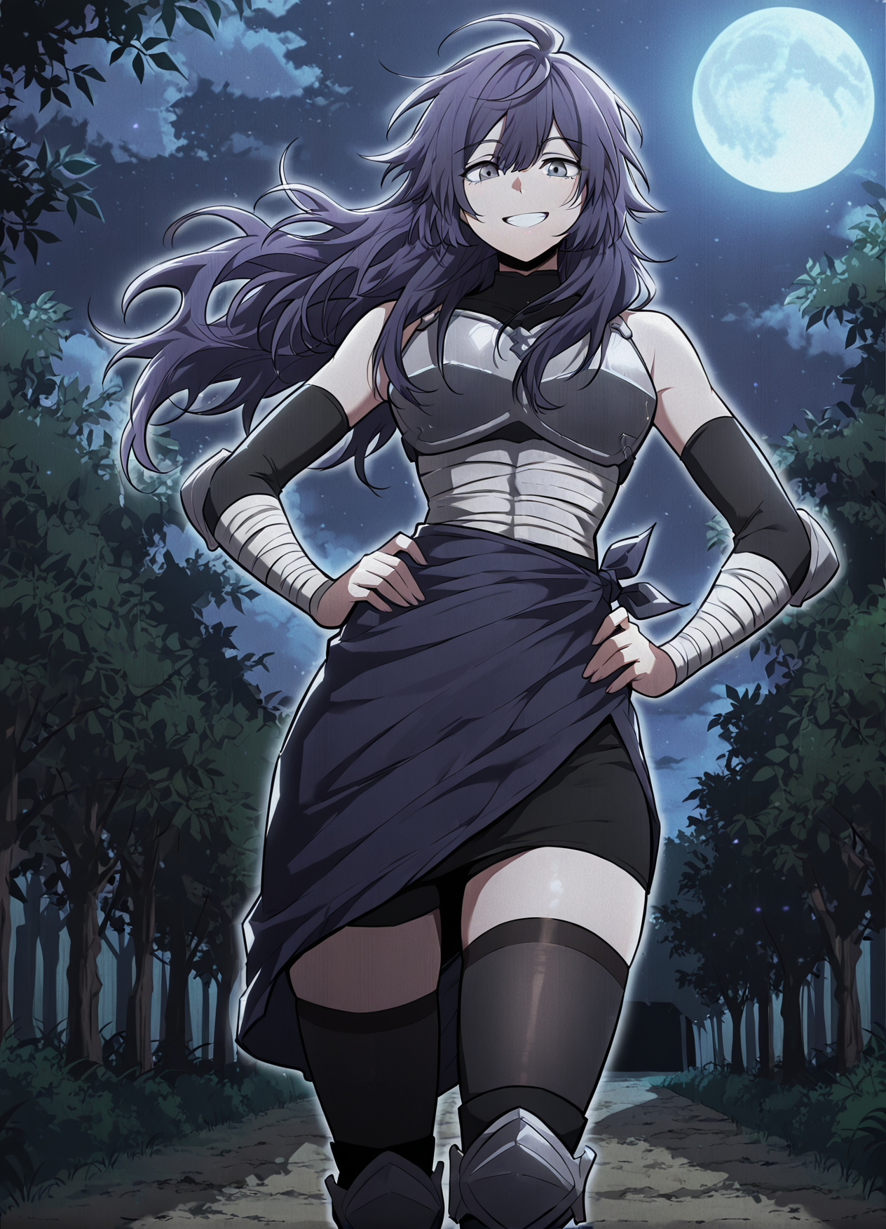 <lora:Lensa__The_Beginning_After_the_End__Illustrious:1>
Lensa, purple hair, dark ninja outfit, long purple hair, messy hair, layered hair, side bangs, gray eyes, 
black sleeveless top, armor chestplate, tied waist cloth, short skirt wrap, thigh-high black stockings, armored knees, athletic build
score_9, score_8_up, score_7_up, very aesthetic, source_anime, detailed, high quality, beautiful, masterpiece, very aesthetic, high definition, amazing quality, highres, absurdres, outdoors, looking at viewer, smile, grin, hands on hips, night, blue moon