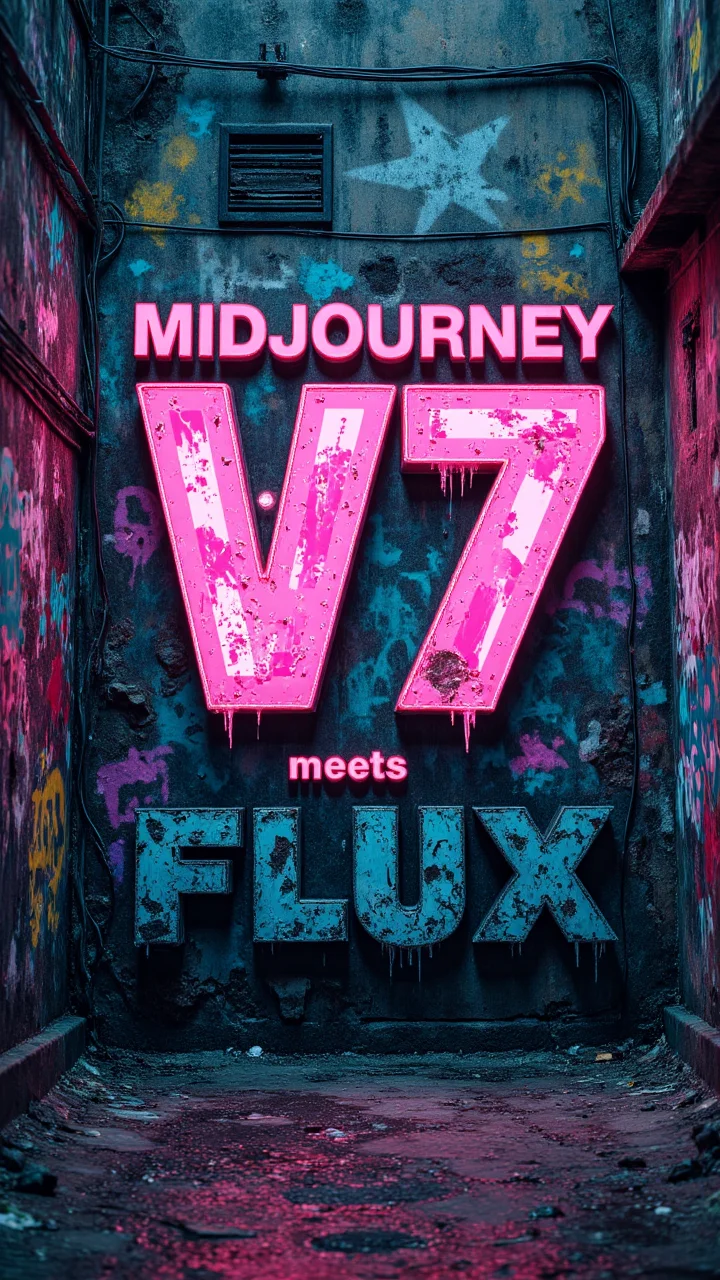 Text:"Midjourney V7 meets FLUX" boldly stamped across a crumbling, graffiti-covered concrete wall in a post-apocalyptic urban alley, with neon splashes and shattered light streaks making the text the unmistakable focal point of raw street art.     , aidmamjv7