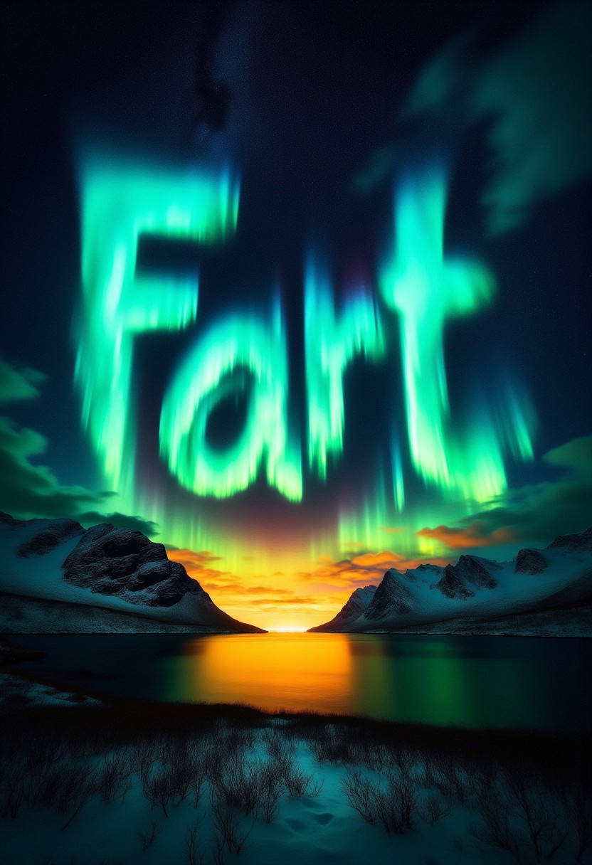This is a digital artwork showcasing a breathtaking aurora borealis display in a nighttime landscape. The central subject is the word "Fart", stylized in glowing, ethereal colors, rendered in vibrant hues of green and yellow, appearing to be formed by the swirling aurora lights.