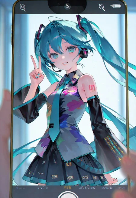 artist:suzumi \(ccroquette\), tell your world \(vocaloid\), vocaloid, hatsune miku, 1girl, 1other, aqua eyes, aqua hair, aqua nails, aqua necktie, arm at side, arm tattoo, armpit crease, bare shoulders, black skirt, blurry, blurry background, blurry foreground, cellphone, cellphone photo, character name, collared shirt, cowboy shot, depth of field, detached sleeves, fingernails, grey shirt, grin, hair between eyes, hair ornament, hand up, headphones, headset, holding, holding phone, indoors, light particles, long hair, long sleeves, looking at viewer, media player app, miniskirt, necktie, number tattoo, open mouth, parted lips, phone, pleated skirt, pov, pov hands, shirt, skirt, sleeveless, sleeveless shirt, smartphone, smile, solo focus, standing, tattoo, timestamp, twintails, v, very long hair, wide sleeves