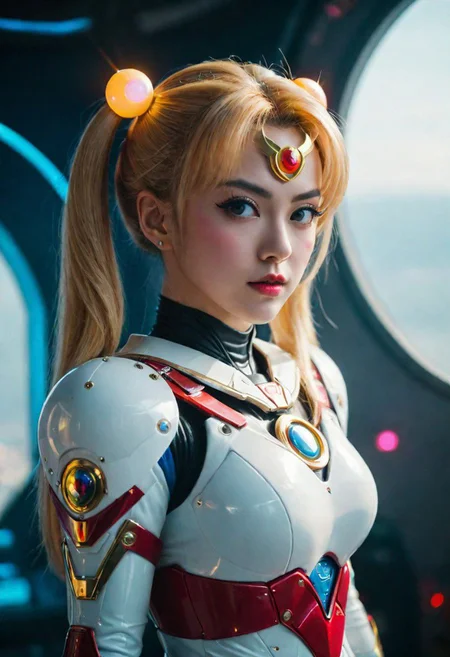 Face Closeup, Headshot, Fight stance, Busty cyborg Sailor Moon, New space age discotheque, Standing in dynamic Action Shot with fists Up, infront of Spaceship window to colorful lunar Eclipse, 
atmospheric haze, Film grain, cinematic film still, highly detailed, high budget, cinemascope, moody, epic, OverallDetail, gorgeous, 2000s vintage RAW photo, photorealistic, candid camera, color graded cinematic, eye catchlights, atmospheric lighting, skin pores, imperfections, natural, shallow dof,