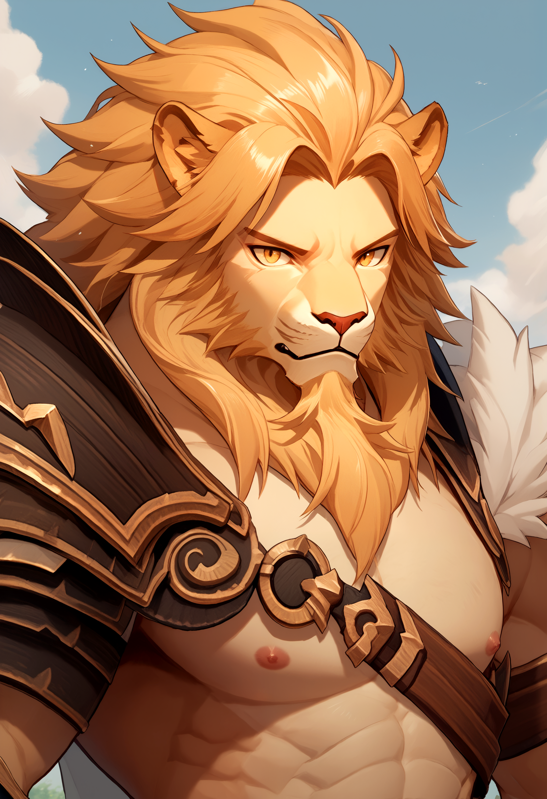 score_9, score_8_up, score_7_up, <lora:BrutusAFK_Arena-000001>, brutus, lion boy, furry male, lion ears, armor, shoulder armor, topless, close up, looking at viewer,  outside,