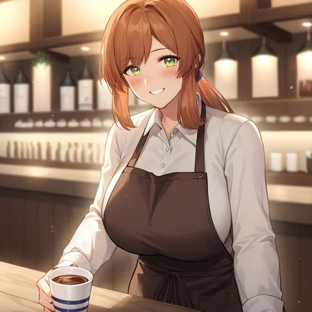 1girl,looking at viewer,cafe,
<lora:springfield-pdxl:0.9>,springmisc,green eyes,auburn hair,ponytail,long hair,bangs,brown apron,white collared shirt,jeans,long sleeves,huge breasts,blush,smile,
holding a cup,