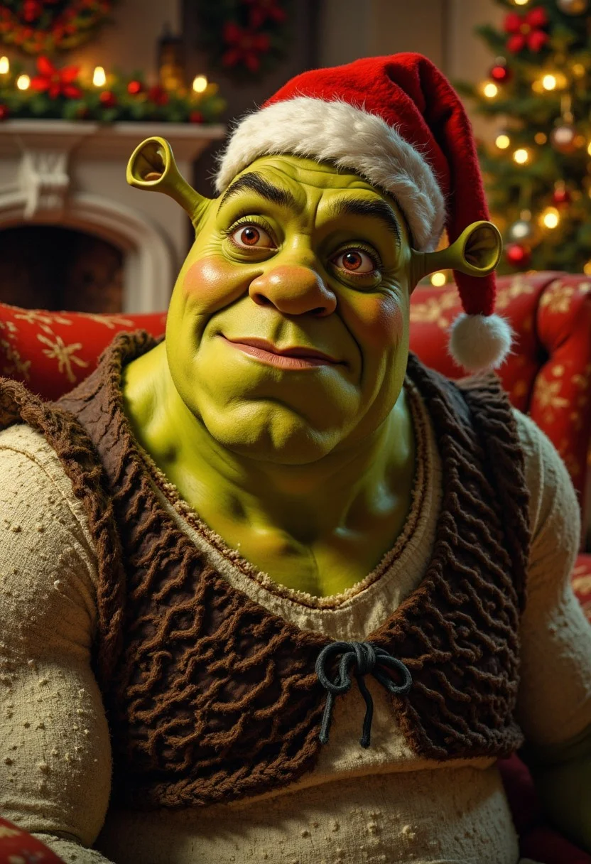 shrek wearing a christmas hat he looks grumpy while sitting inside of a christmas living room