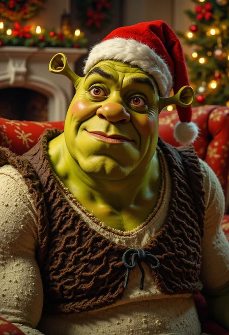 shrek wearing a christmas hat he looks grumpy while sitting inside of a christmas living room