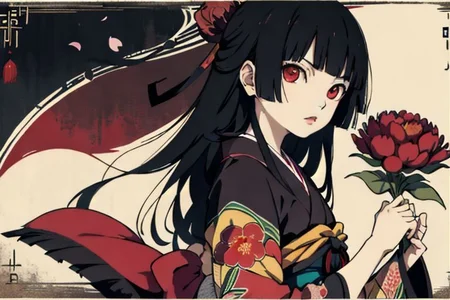 enma ai, hair down, hair black, bangs, eyes red, masterpiece, best quality, ultra-detailed, illustration, 1girl, solo, highres, photorealistic, ultra high res, (Original illustration composition), (fusion of limited color, Maximalism artstyle, kimono obi fashion, double exposure, background, illustration, Amazing, lily spider, night darkness, open one's mouth, flowers red, (polychromatic peony:1.15), Movie poster, ink Chinese