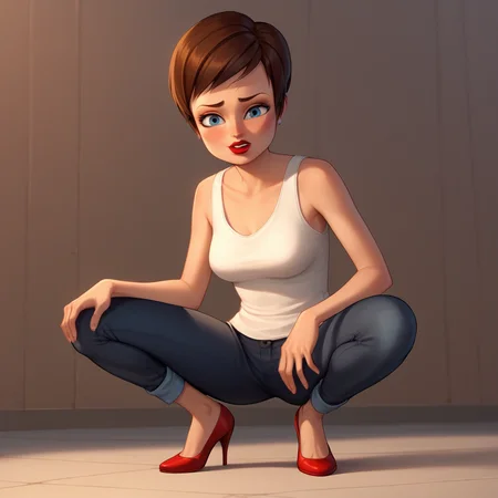 score_9_up, score_8_up, BREAK, 1girl, solo, RoxanneRitchi, brown hair, short hair, blue eyes, lipstick, white tank top, black pants, red flats, full body, squatting, spread legs, <lora:Roxanne_Ritchi_PXL_Leaf2:1>,