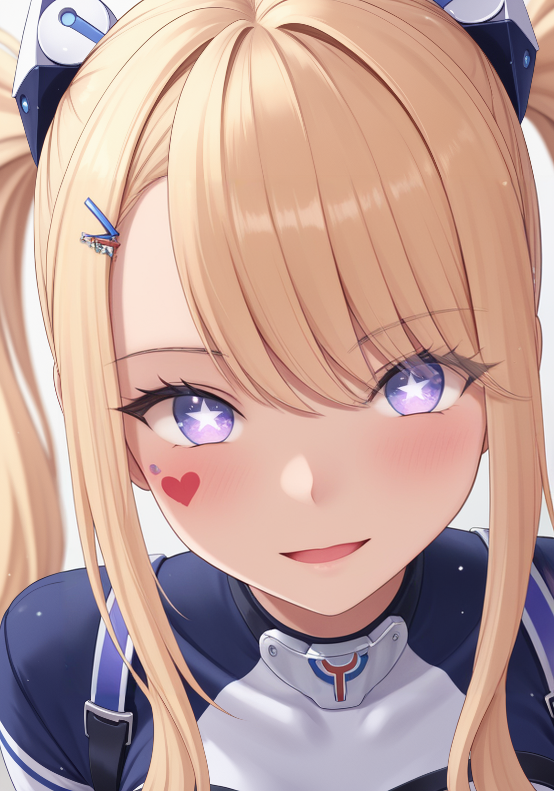masterpiece, detailed_eyes, high_quality, best_quality, highres, subject_focus, depth_of_field,      upper body, 1girl, solo,   guam default, star-shaped pupils, very long hair, blonde hair, twintails, purple eyes, blue eyes, two-tone eyes,   <lora:cfg_scale_boost:0.4> <lora:Guam_2_Outfits_Illu:0.7>