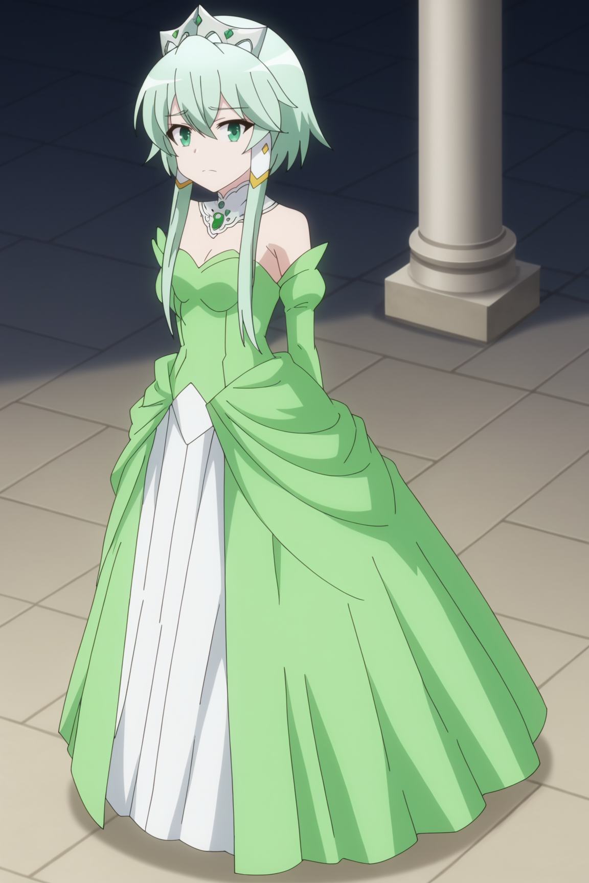 score_9, score_8_up, score_7_up, source anime, prefect lighting, very aesthetic, BREAK, anime coloring, anime screencap,
<lora:lucia_rea_regulus_v1-pdv6:1>,1girl, lucia rea regulus, isekai wa smartphone to tomo ni., green eyes, green hair, short hair with long locks, hair tubes,
luciaprin, tiara, princess, green dress, green gloves, elbow gloves, bare shoulders, detached collar,
BREAK, looking at viewer, full body,  standing,
BREAK,âââ nervous ,  arms behind backâââ