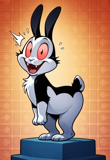 score_9, score_8_up, score_7_up, from behind, tail, solo, male, solo male, bunny, rabbit, bunnicula, pink sclera, red eyes, colored sclera, black and white fur, cheek tuft, grey nose, scut tail, fangs, shortstack, chest tuft, fur markings, chest tuft, cute, looking at viewer, rear view, looking back, barefoot, featureless chest, head tilt, wide eyed, open mouth, shocked, masterpiece, extreme detail, 4k, realistic, shading, psychedelic background, pattern background, full-length portrait, Perfect Hands, 5 fingers, perfect paws, perfect lighting, zPDXL3, Expressiveh, light and shadows by reij-shdwgms, vampire, spooky, heart