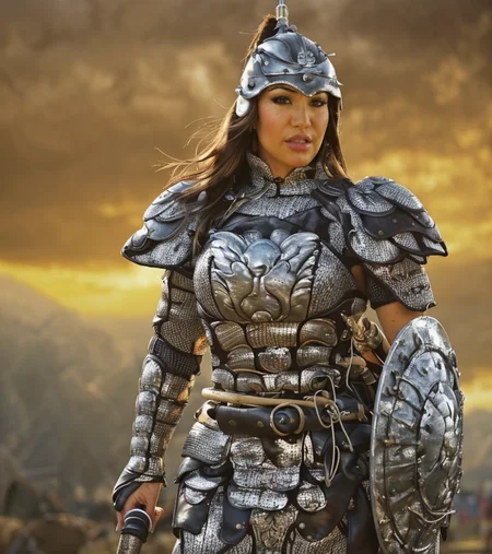 RAW photo, (masterpiece:1.3), subsurface scattering, heavy shadow, (high quality:1.4), (intricate, high detail:1.2), professional photography, HDR, High Dynamic Range, realistic, ultra realistic, photorealistic, high resolution, film photography, ambient lighting, atmospheric effects, <lora:detail_slider_v4:2>, OverallDetail, AvaD, <lora:AvaD:1> , as a female monar warrior, wearing light armor, leather armor, chainmail, holding a shield, helmet, holding a spear,<lora:MongolArmor:0.8>, epiCPhoto