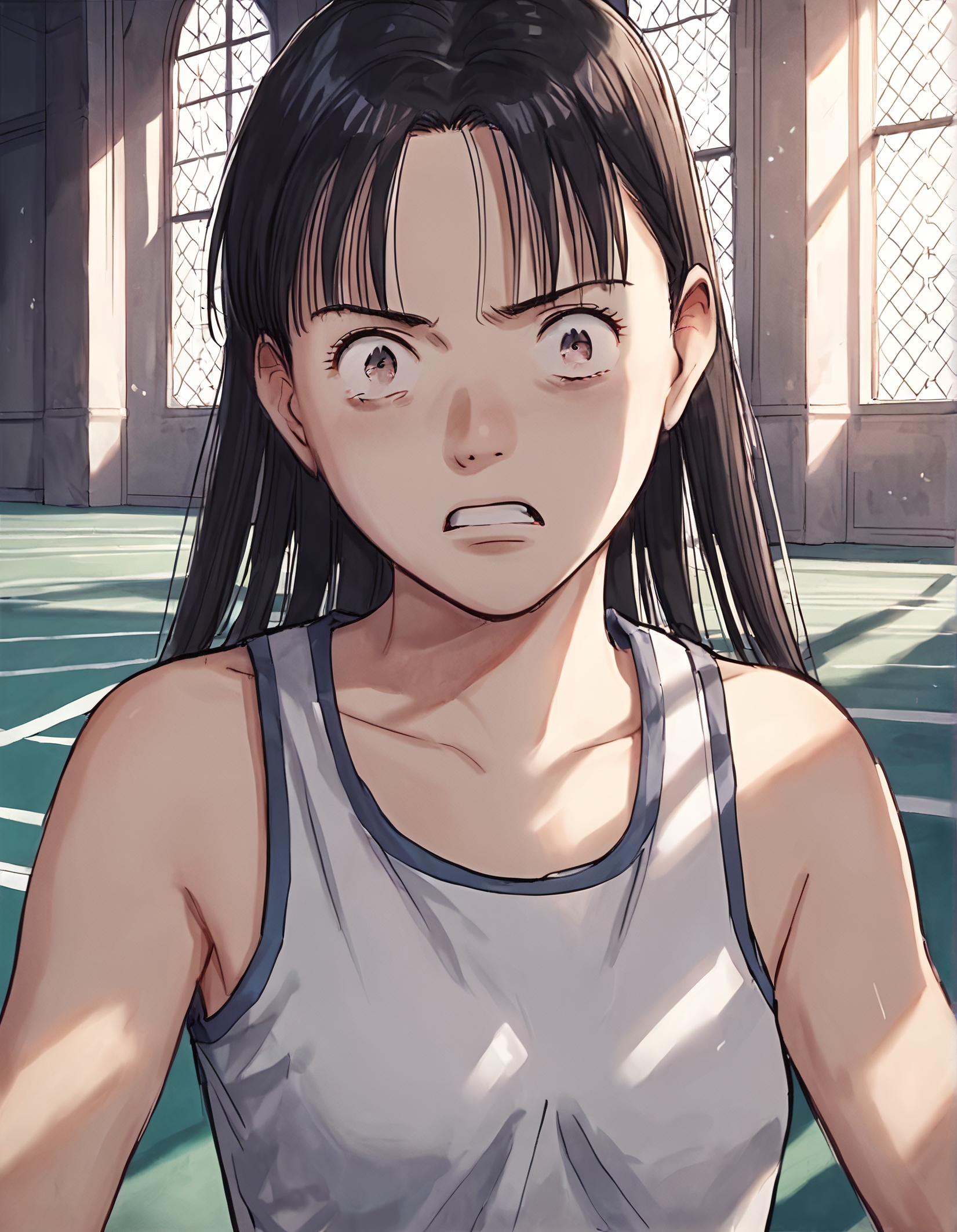 score_9, score_8_up, score_7_up,score_6_up,high resolution,source_anime,n4a0kistyle,1girl,castle,black hair,long hair,tank top,short,tennis racket,volumetric lighting,rim lighting,dof,dramatic shadow,looking at viewer,close-up,dynamic pose,looking at viewer,pov,front view,scared