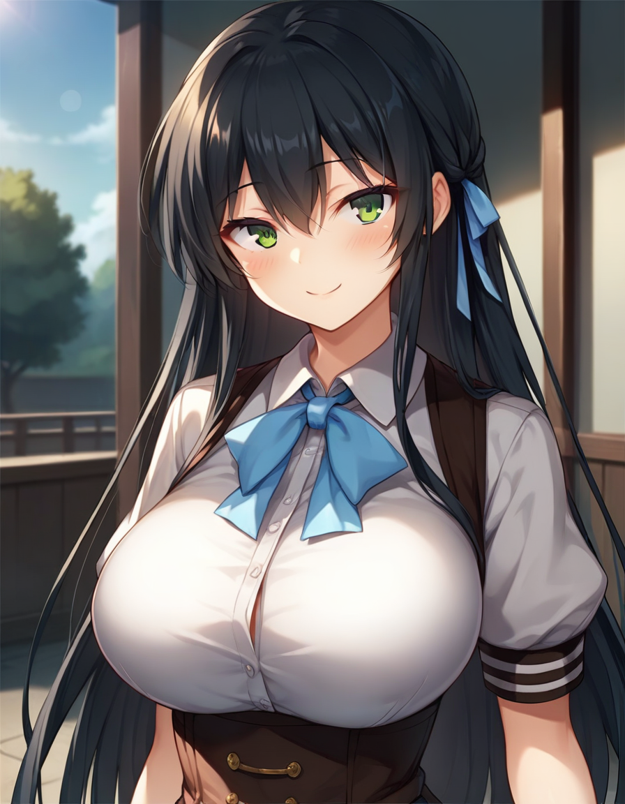 score_9,score_8_up,score_7_up,score_6_up BREAK official art,solo,outdoors,upper body,(portrait:1.5),looking at viewer,facing viewer,smile,blush,Sawatari Airi,very long hair,black hair,hair ribbon,sidelocks,hair between eyes,bangs,green eyes,school uniform,neck ribbon,blue ribbon,brown vest,white shirt,collared shirt,puffy short sleeves,large breasts,underbust,framed breasts,impossible clothes,skindentation,corset,miniskirt,brown skirt,pleated skirt,frilled skirt,black pantyhose,loafers,<lora:Sawatari Airi(n jk l)-Pony:1.1>,