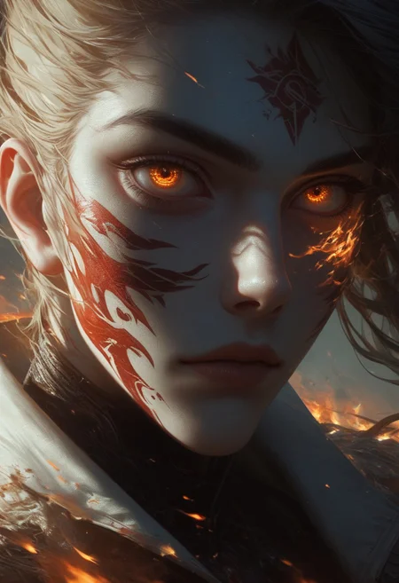 newest, safe, score_9, score_8, score_7, score_6, (masterpiece), high detail, best quality, surreal, stunning details, portrait, close up face, flaming eyes, fire, tattoo on cheek, glowing tattoo, glowing face paint,
BREAK 1girl, brown eyes, red face paint