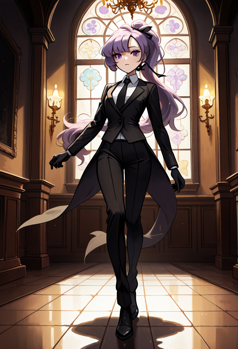masterpiece, best quality, 1girl, solo, eyelashes, (beautiful eyes),     zzAnabel, purple hair, purple eyes, long hair, ponytail, ribbon, hair ribbon, bangs, black ribbon, black suit, formal, black tie, black gloves, ballroom, chandelier, moonlight, walking, slow steps, elegant â Anabel glides across the polished floor of an abandoned ballroom, the moonlight pouring through stained glass windows and catching the shimmer of dust in the air. Her suit fits like armor, every step deliberate and silent beneath the looming crystal chandelier. The black ribbon in her hair sways with her movement, and her purple eyes gleam with a quiet, haunting grace.   , <lora:AnabelPokemon_IXL_v2:1.0>,
