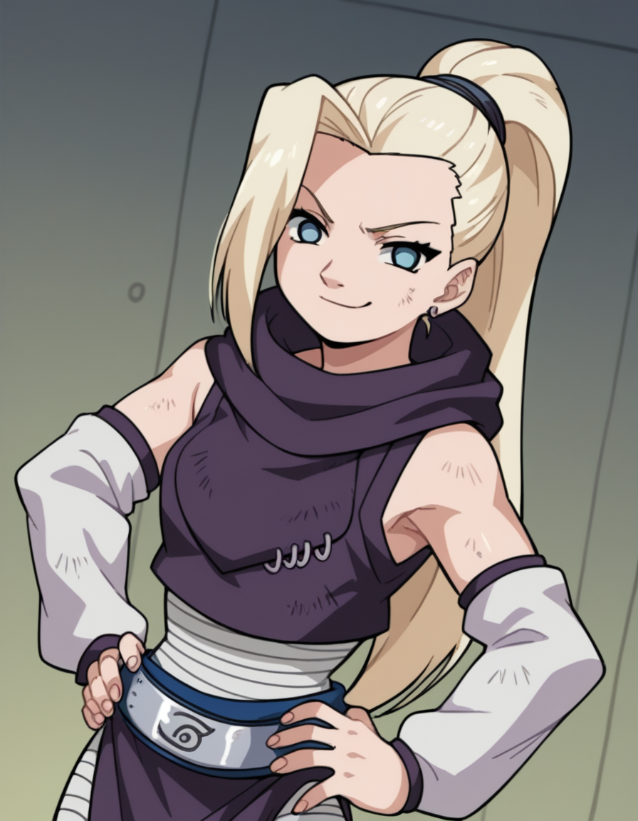 score_9, score_8_up, score_7_up, source_anime, <lora:ino-yamanaka-s1-ponyxl-lora-nochekaiser:1>, ino yamanaka, long hair, blonde hair, ponytail, high ponytail, blue eyes,, bare shoulders, detached sleeves, bandages, bandaged leg, sleeveless, hoodie, hood down, crop top, purple crop top, pelvic curtain, detached sleeves,, indoors, smug, smile, looking at viewer, solo, hands on hips,, cowboy shot, dutch angle